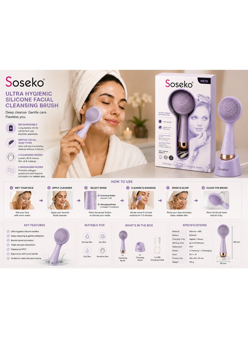 Soseko Rechargeable Silicone Facial Cleansing Brush, Deep Cleansing & Massage Device - Image 2