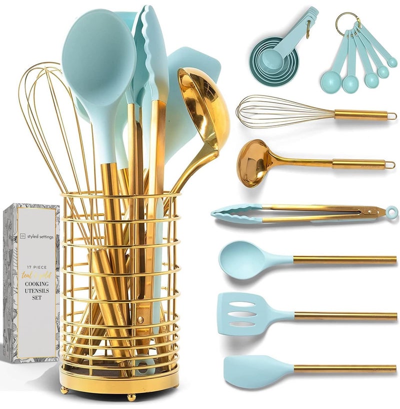 styled settings Teal Kitchen Utensils Set with Holder - 17PC Teal & Gold Cooking Utensils for Nonstick Cookware Includes Gold Utensil Holder - Teal Kitchen Accessories and Decor - Image 1