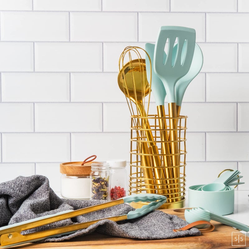 styled settings Teal Kitchen Utensils Set with Holder - 17PC Teal & Gold Cooking Utensils for Nonstick Cookware Includes Gold Utensil Holder - Teal Kitchen Accessories and Decor - Image 5