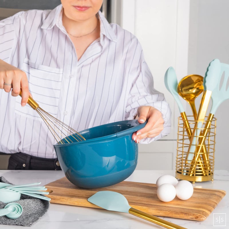 styled settings Teal Kitchen Utensils Set with Holder - 17PC Teal & Gold Cooking Utensils for Nonstick Cookware Includes Gold Utensil Holder - Teal Kitchen Accessories and Decor - Image 3