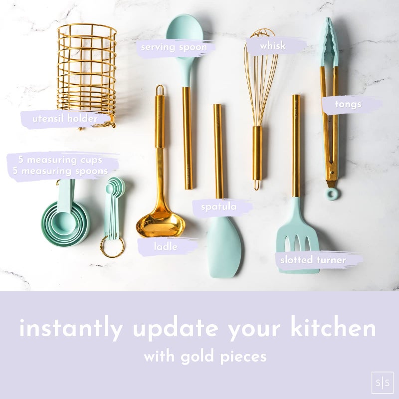 styled settings Teal Kitchen Utensils Set with Holder - 17PC Teal & Gold Cooking Utensils for Nonstick Cookware Includes Gold Utensil Holder - Teal Kitchen Accessories and Decor - Image 2