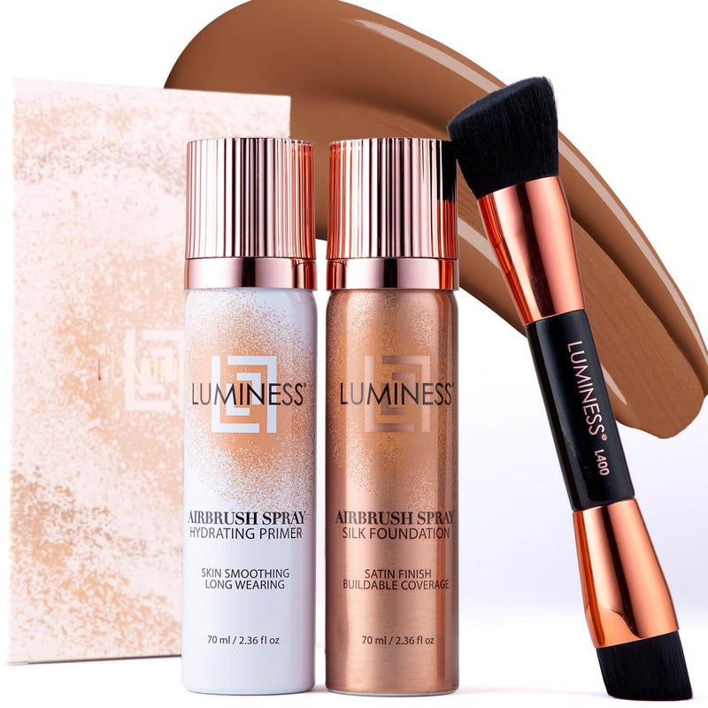 LUMINESS LUMINESS Airbrush Spray Silk Foundation Starter Kit  Light Deep  Foundation Primer  DualSided Angled Buffing Brush  Medium Buildable Coverage AntiAging Formula Hydrates  Moisturizes