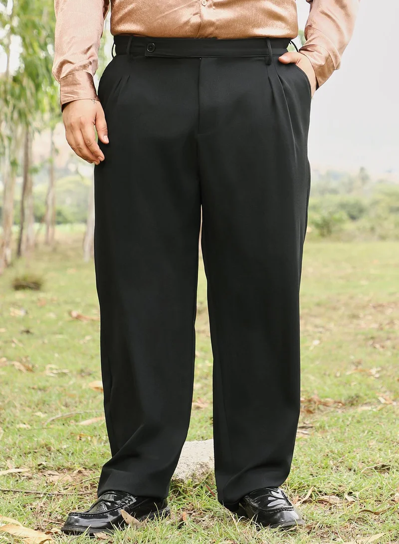 Instafab Plus Instafab Men's Onyx Black Extended-Waistband Pleated Trousers | Mid Rise , Cuffed Hem , Button Closure | Solid Plain | Polyester Blend Trousers For Formal & Office Wear