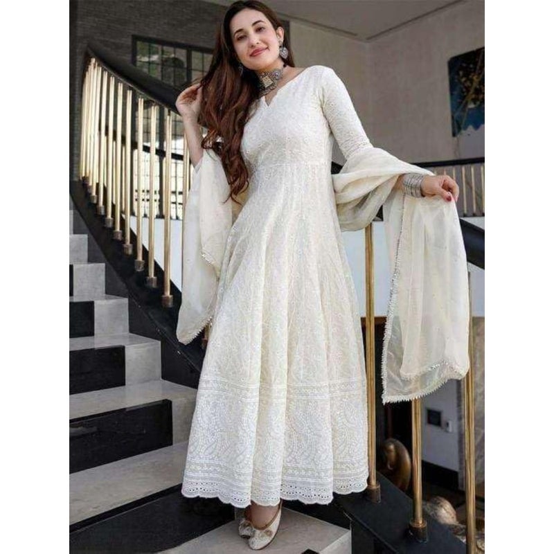 Women's Cotton Chikankari Long Anarkali Kurti With Dupatta White Traditional Indian Ethnic Wear For Festive Occasions Soft Handloom Fabric Flowy Silhouette 3 PCS Set - Image 5