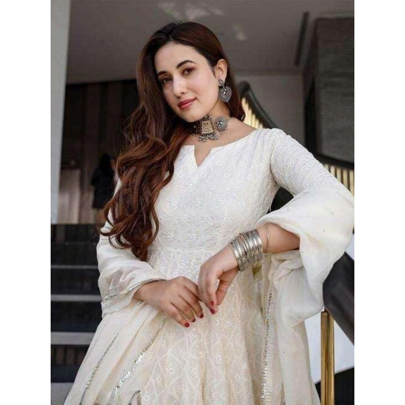 Women's Cotton Chikankari Long Anarkali Kurti With Dupatta White Traditional Indian Ethnic Wear For Festive Occasions Soft Handloom Fabric Flowy Silhouette 3 PCS Set - Image 4