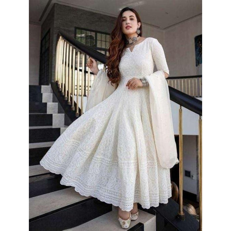 Women's Cotton Chikankari Long Anarkali Kurti With Dupatta White Traditional Indian Ethnic Wear For Festive Occasions Soft Handloom Fabric Flowy Silhouette 3 PCS Set - Image 3
