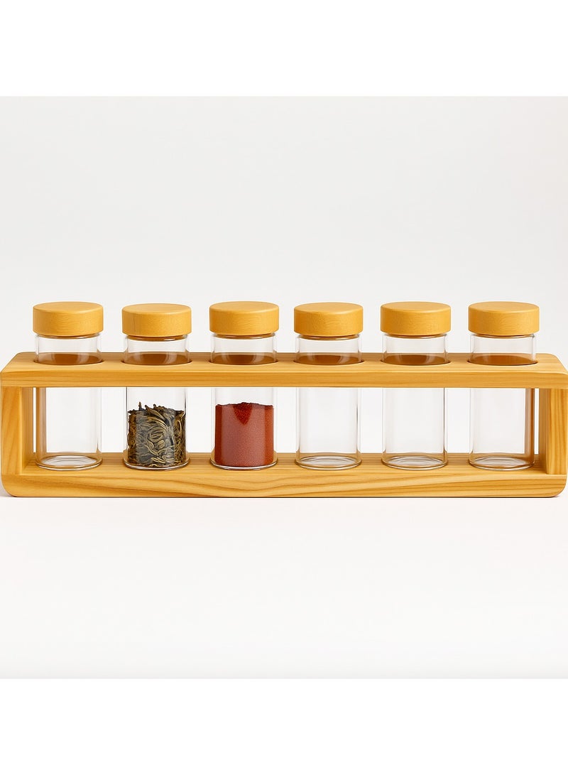 Earss Glass Spice Jar Set with Bamboo Lids and Wooden Rack, 6-Pieces – Airtight Storage Containers for Kitchen Counter & Pantry – Modern Herb & Seasoning Jars - Image 1