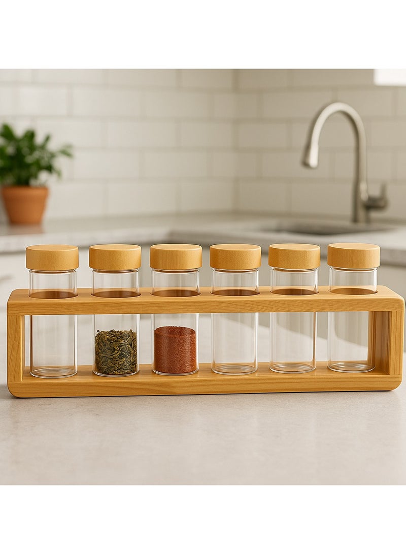 Earss Glass Spice Jar Set with Bamboo Lids and Wooden Rack, 6-Pieces – Airtight Storage Containers for Kitchen Counter & Pantry – Modern Herb & Seasoning Jars - Image 3