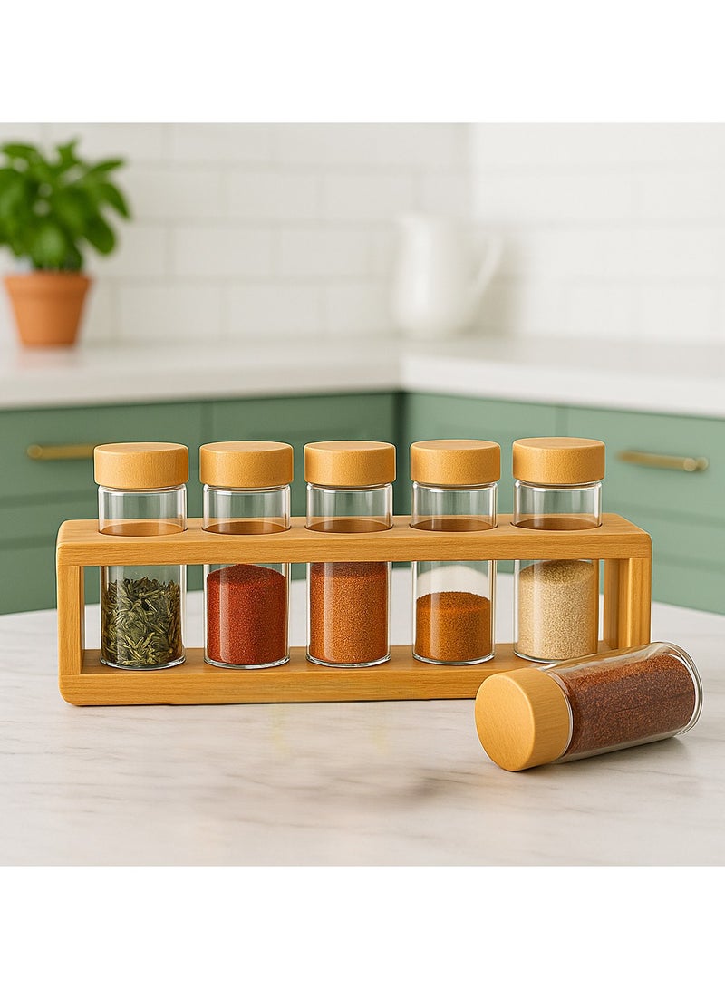 Earss Glass Spice Jar Set with Bamboo Lids and Wooden Rack, 6-Pieces – Airtight Storage Containers for Kitchen Counter & Pantry – Modern Herb & Seasoning Jars - Image 4