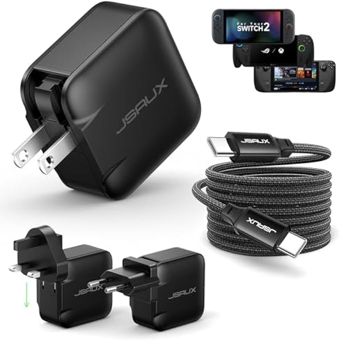 jsaux شاحن USB C بقوة 65 واط لجهاز نينتندو سويتش 2، ROG ALLY، STEAM DECK، الأجهزة اللوحية، اللابتوبات، سامسونج جالاكسي، بيكسل، شاحن سريع بقوة 65 واط مع كابل USB C إلى C بطول 6.6 قدم، قابس EU و UK - Image 1
