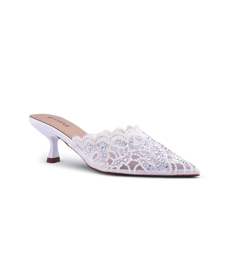 Womens lacy mesh pattern heeled mules