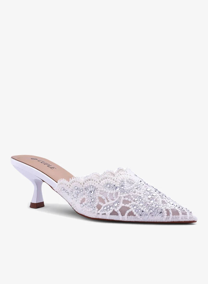 Cuple Womens lacy mesh pattern heeled mules