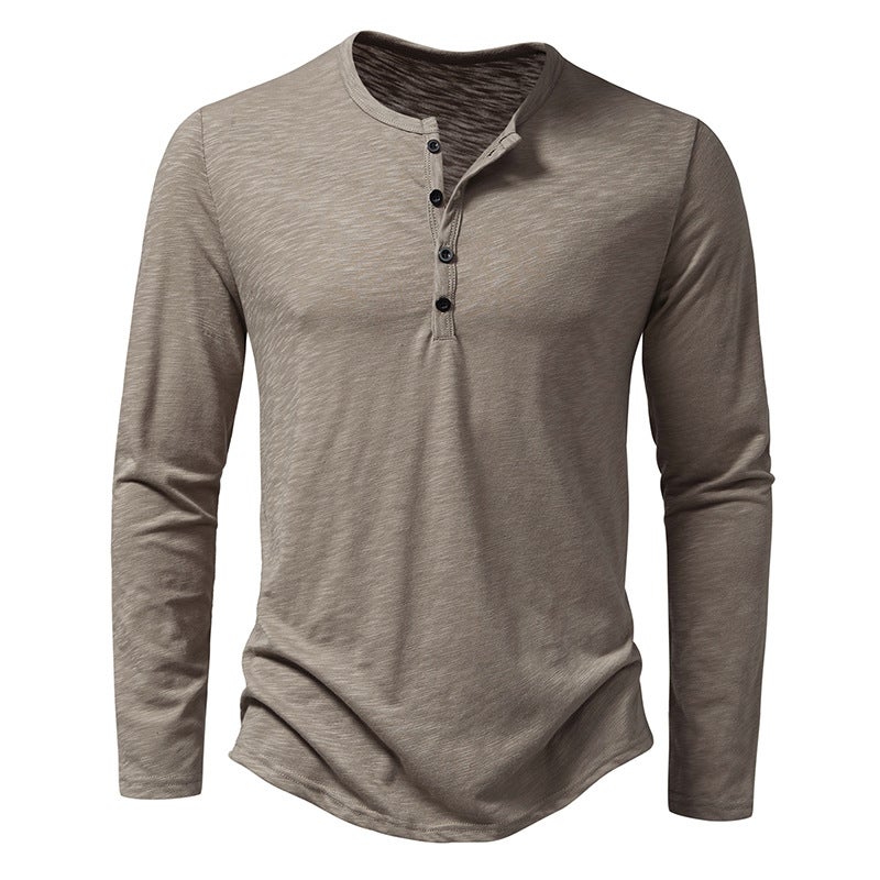 2023 Autumn New Men's slub cotton henley collar long-sleeved T-shirt fashion casual long-sleeved bottoming shirt - Image 1