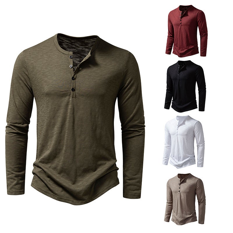 2023 Autumn New Men's slub cotton henley collar long-sleeved T-shirt fashion casual long-sleeved bottoming shirt - Image 4