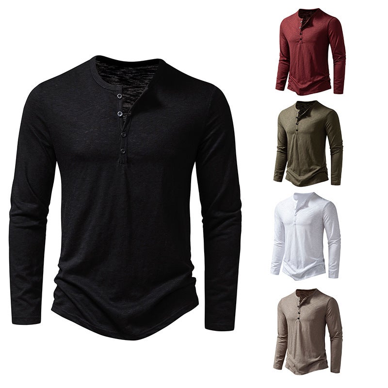 2023 Autumn New Men's slub cotton henley collar long-sleeved T-shirt fashion casual long-sleeved bottoming shirt - Image 5