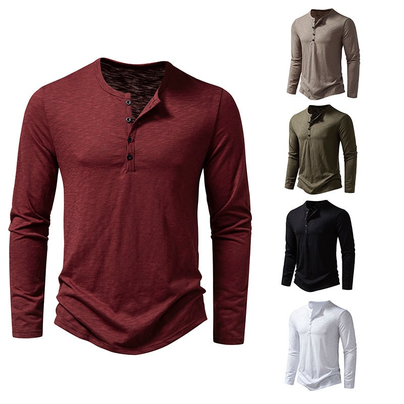 2023 Autumn New Men's slub cotton henley collar long-sleeved T-shirt fashion casual long-sleeved bottoming shirt - Image 3