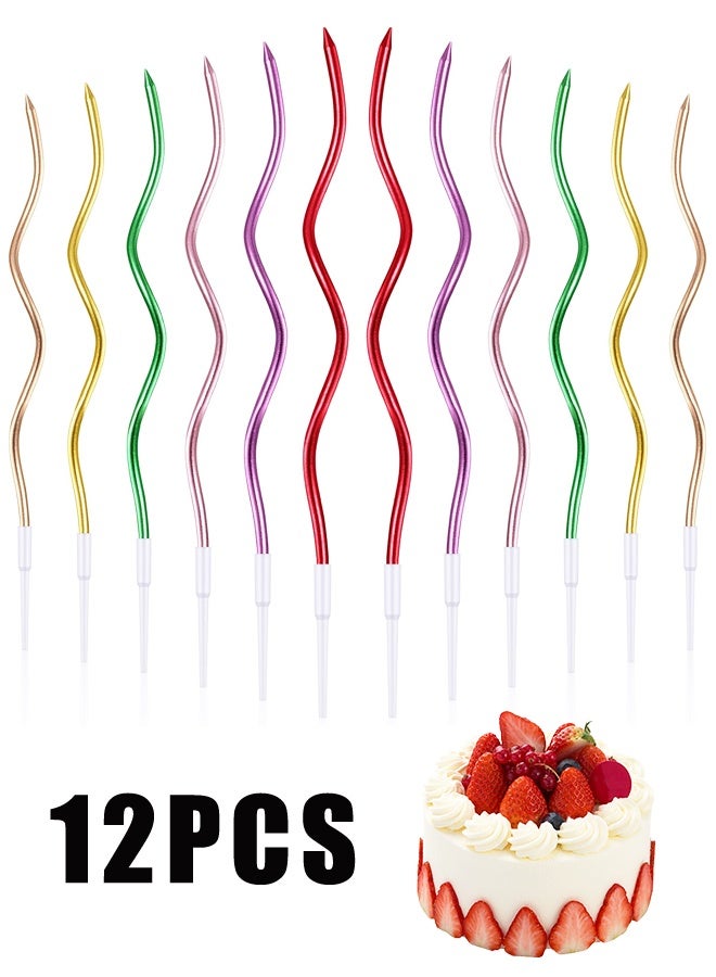 12 Pcs Twisted Spiral Birthday Candles, Metallic Long Cake Candles with Holders for Birthday Wedding Party - Image 1