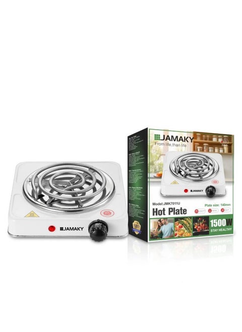 Hot Plate one burner with Italian technology 1500 watts, white color, JMK7011, very suitable for outdoor places, trips, summer resorts, and offices, Small and comfortable electric heater for easy cooking.