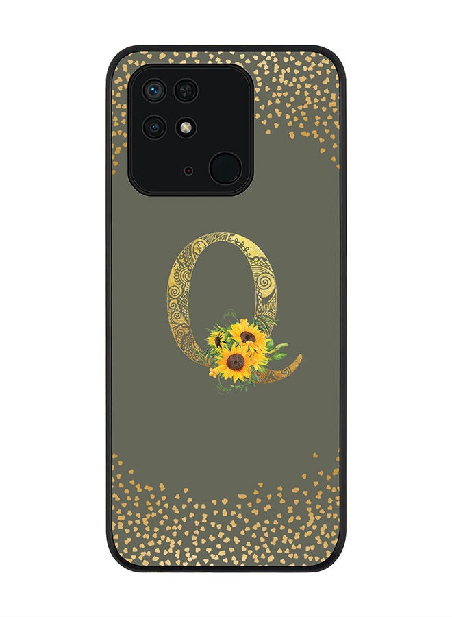 Stylizedd Rugged Black edge case for Redmi 10C 4G  Slim fit Soft Case Flexible Rubber Edges Anti Drop TPU Gel Thin Cover - Custom Monogram Initial Letter Floral Pattern Alphabet - Q (Olive Green ) - Image 1