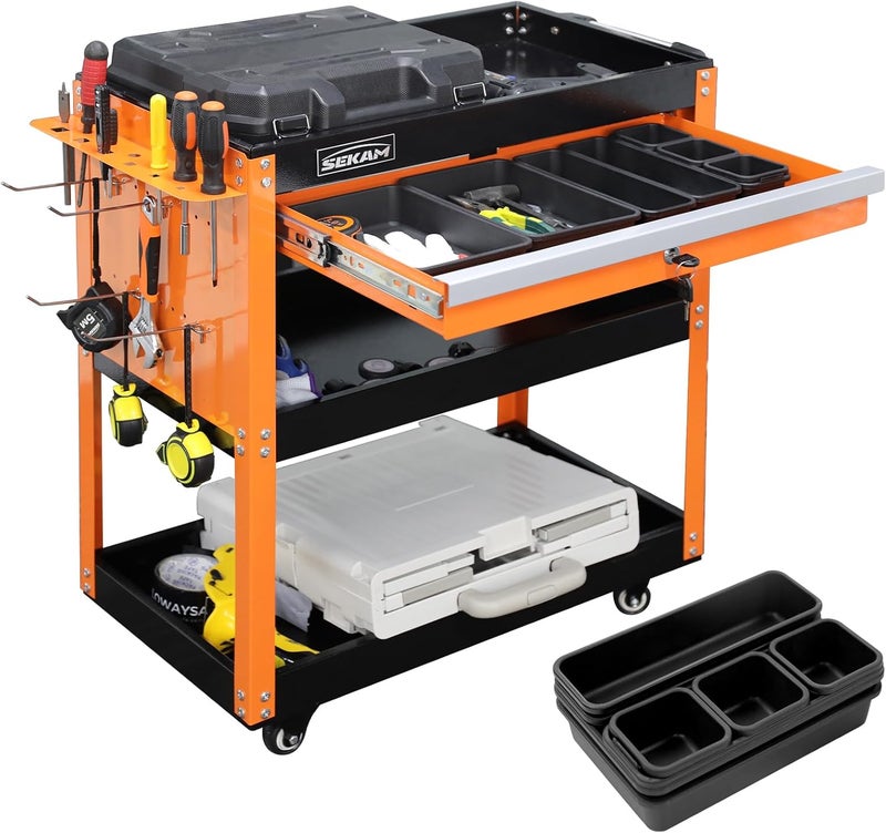 Atrisec 3-Tier Rolling Tool Cart: Heavy Duty Mechanic Service Cart with Drawer for Garage & Warehouse – Metal Utility Trolley Organizer with Locking Wheels & Screwdriver Holder (440LBS Capacity) - Image 1