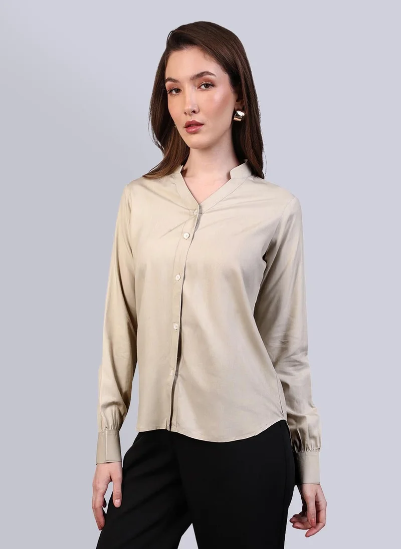 Urbano Fashion Women's Beige Modal Viscose Full Sleeve Regular Fit Casual Solid Shirt with Mandarin Collar