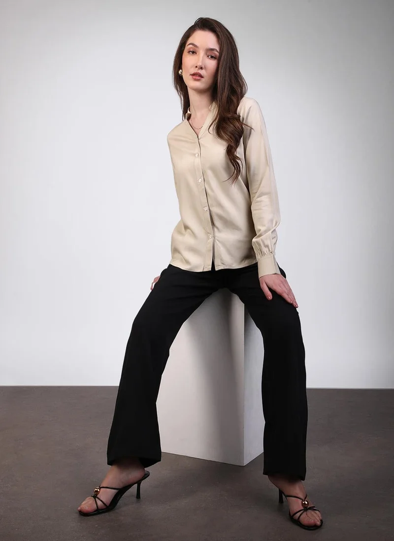 Urbano Fashion  Urbano Fashion Women's Beige Modal Viscose Full Sleeve Regular Fit Casual Solid Shirt with Mandarin Collar for Women | Best Price UAE