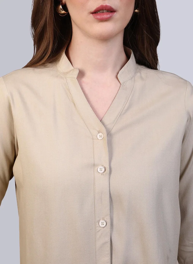 Urbano Fashion  Urbano Fashion Women's Beige Modal Viscose Full Sleeve Regular Fit Casual Solid Shirt with Mandarin Collar for Women | Best Price UAE