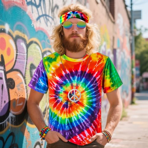 TOGROP Hippie Costume for Men Momen 60s 70s Colorful T-Shirt 5 PCS Accessories Set for Theme Party Large - Image 2