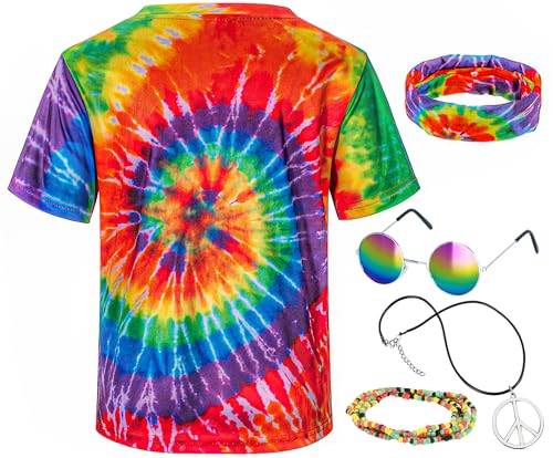 TOGROP Hippie Costume for Men Momen 60s 70s Colorful T-Shirt 5 PCS Accessories Set for Theme Party Large - Image 4