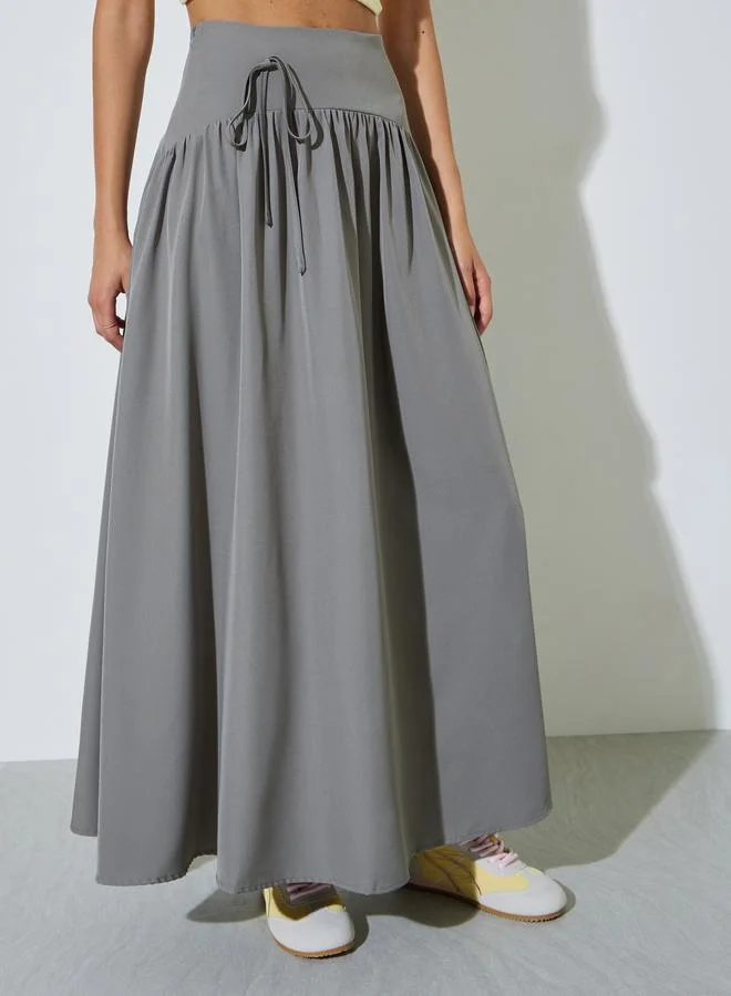 Styli Grey A-Line Maxi Skirt With Tie-Detail