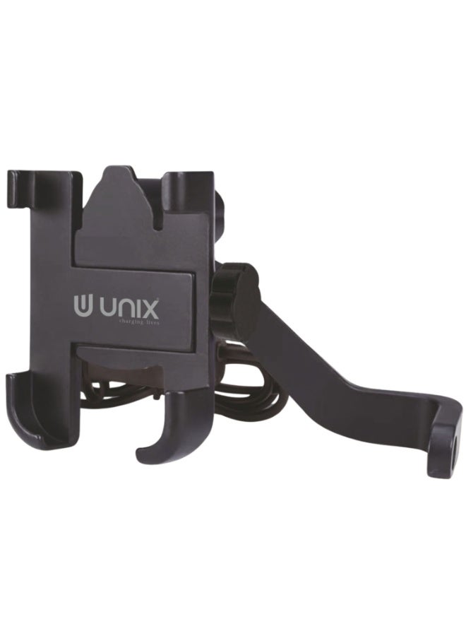 يونيكس حامل الهاتف المعدني للدراجات UNIX UX-BH44 مع شحن سريع 2.1A عبر USB، حامل هاتف للدراجات النارية قابل للتعديل بزاوية 360°، تثبيت عبر مسمار المرآة، متوافق مع جميع الهواتف الذكية - Image 1
