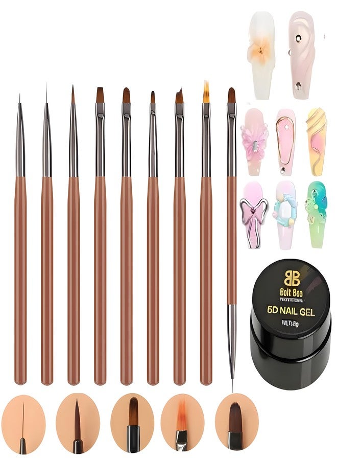 bolt bee "Bolt Bee Nail Art Brush Set with 5D Nail Gel - 9pcs Professional Nail Design Brushes for Acrylic, UV Gel, 3D Nail Carving & Painting - Manicure Tools Kit for Salon & DIY Nail Art" (Clear) - Image 1