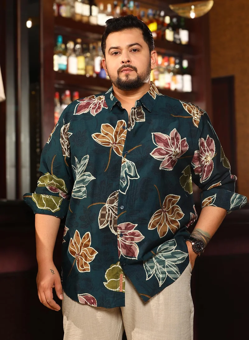 Instafab Plus Instafab Plus Men's Teal Green Floret Imprint Shirt For Casual Wear | Spread Collar | Long Cuffed Sleeves | Button Closure | Plus Size Shirt Crafted With Comfort Fit For Everyday Wear