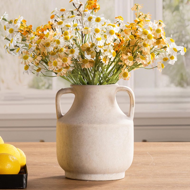 Mitt&Ditt Ceramic Flower Vase with Handles, 8 inch Tall Off-White Vase, Decorative Terracotta Vases, Farmhouse Rustic Pottery Vases for Home Decor, Living Room, Table - Image 5