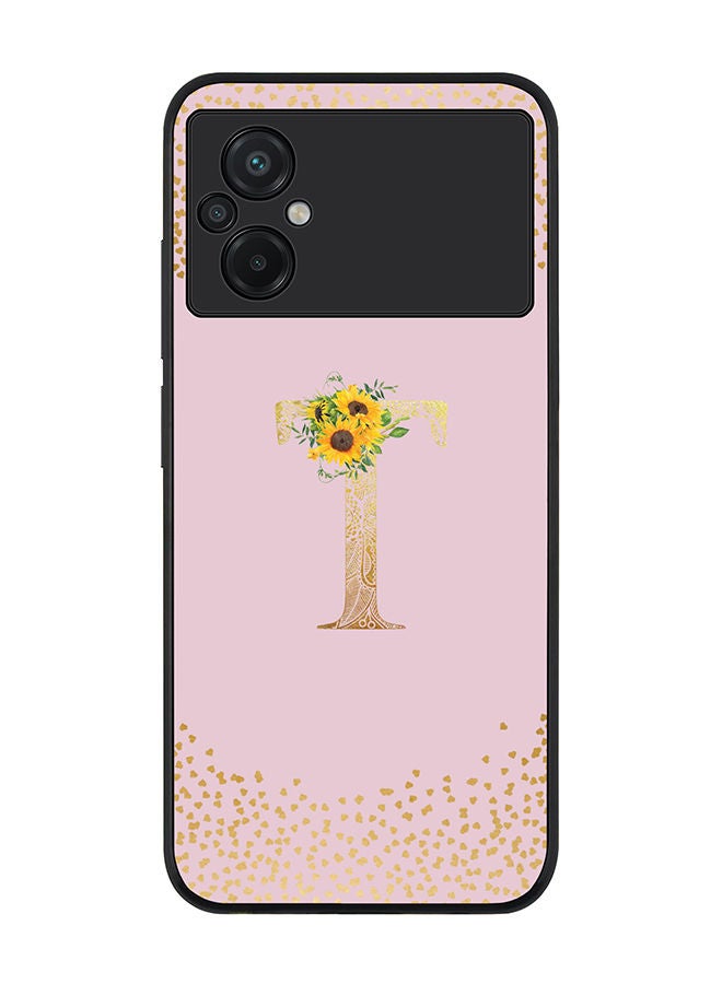 Stylizedd Rugged Black edge case for Xiaomi Poco M5 Slim fit Soft Case Flexible Rubber Edges Anti Drop TPU Gel Thin Cover - Custom Monogram Initial Letter Floral Pattern Alphabet - T (Pink ) - Image 1