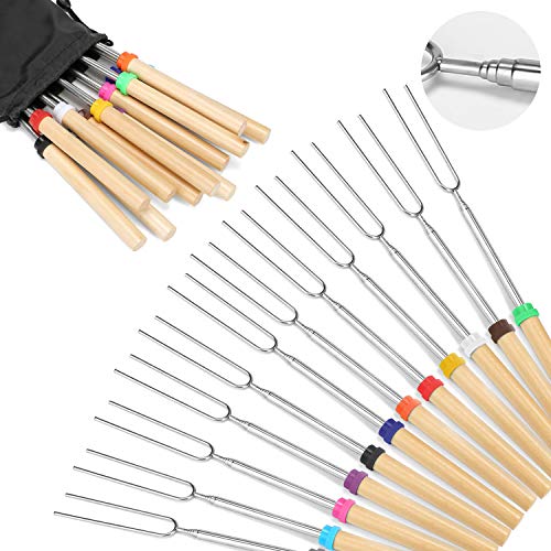 Hadoife Marshmallow Roasting Sticks Wooden Handle Set of 12 Smores Skewers Telescoping Forks 32 inch with Portable Bag for Hot Dog Campfire Camping Stove BBQ Tools - Image 1