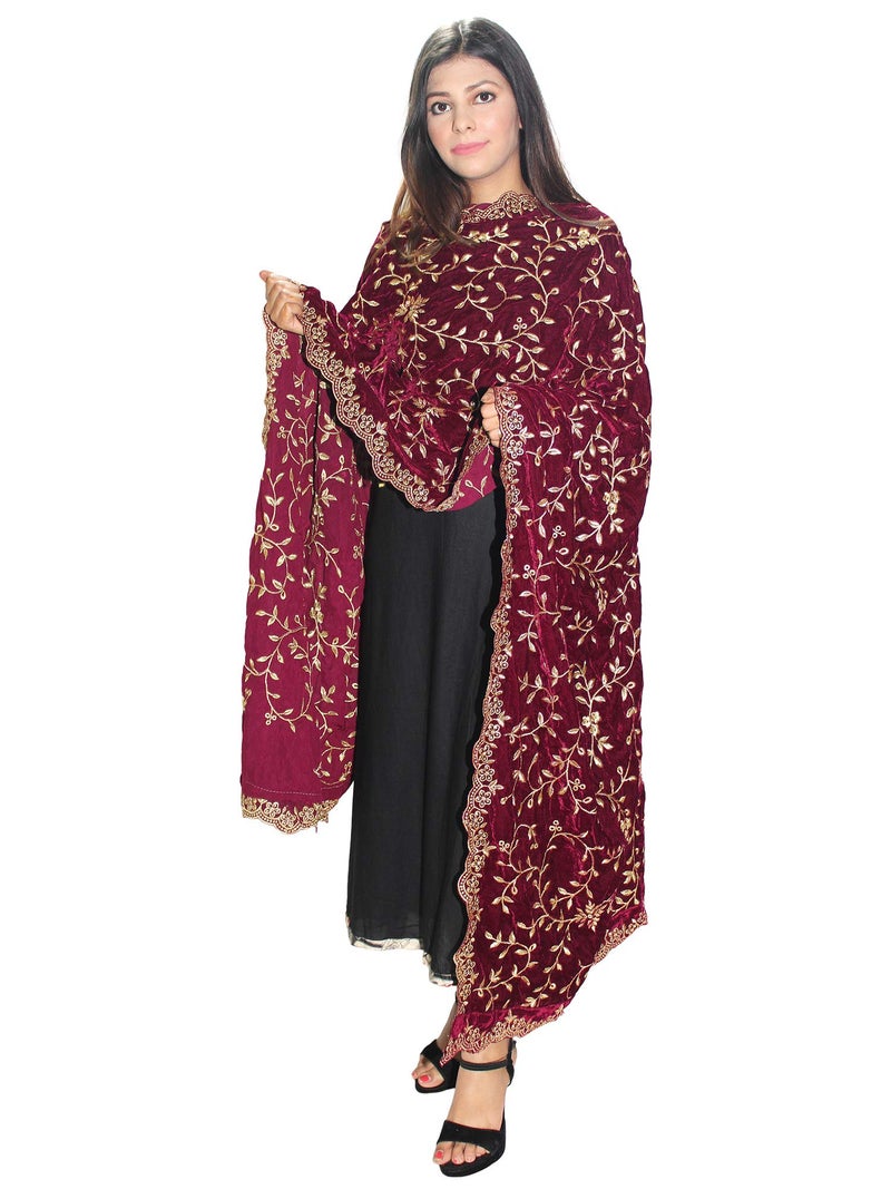 Matelco Women's Velvet Embroidered Dupatta (Wine), Free Size - Image 2