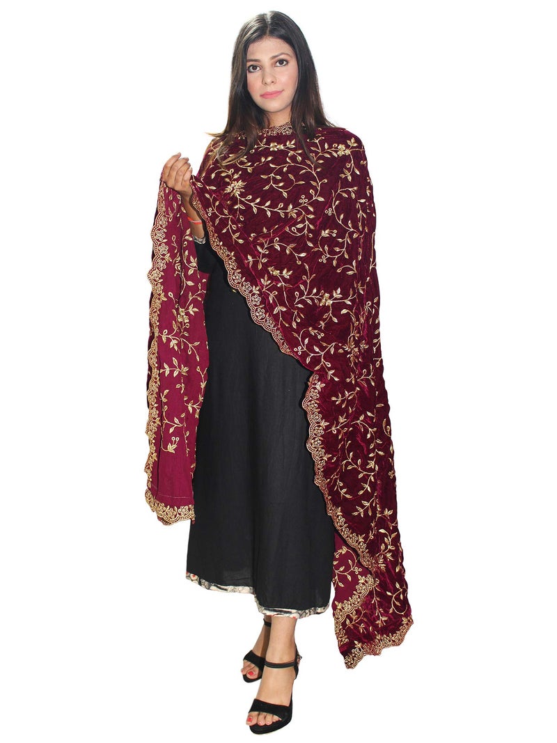 Matelco Women's Velvet Embroidered Dupatta (Wine), Free Size - Image 4