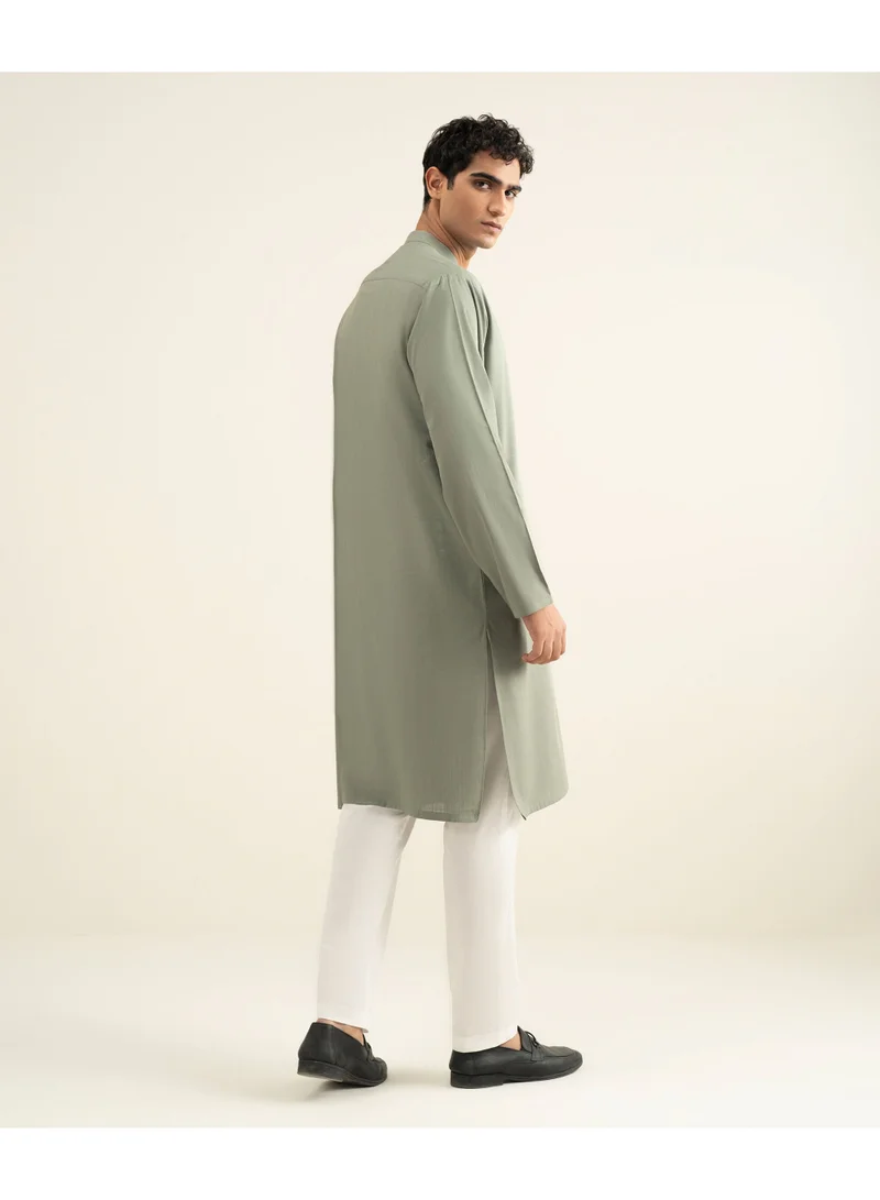 BAZM BAZM Men's Green Kurta with Embroidered Placket Regular Fit