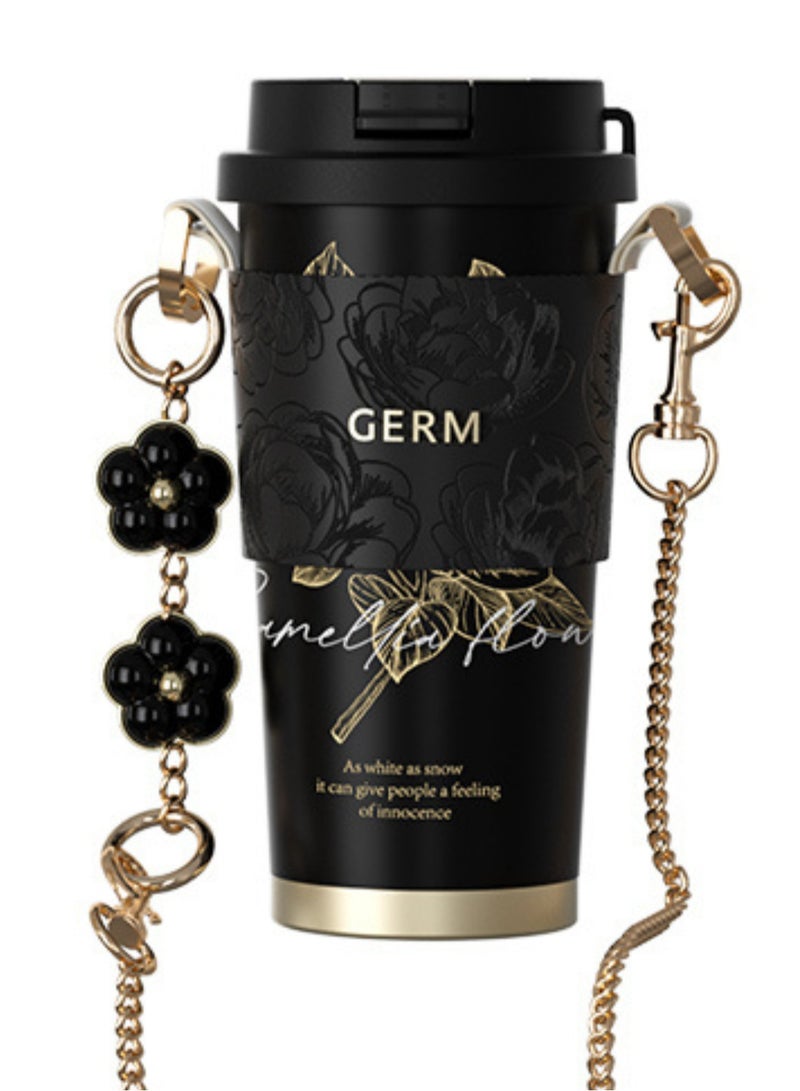 GERM Black & Golden Coffee Tumbler 500ml | GERM Camellia Shining Series Stainless Steel Vacuum Flask with Straw Lid | BPA-Free Leak-Proof Travel Mug | Hot & Cold Insulated Reusable Cup | Stylish Metallic Thermos - Image 1