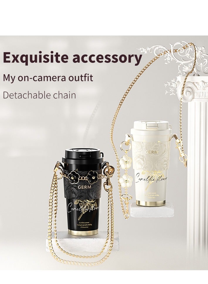 GERM Black & Golden Coffee Tumbler 500ml | GERM Camellia Shining Series Stainless Steel Vacuum Flask with Straw Lid | BPA-Free Leak-Proof Travel Mug | Hot & Cold Insulated Reusable Cup | Stylish Metallic Thermos - Image 2