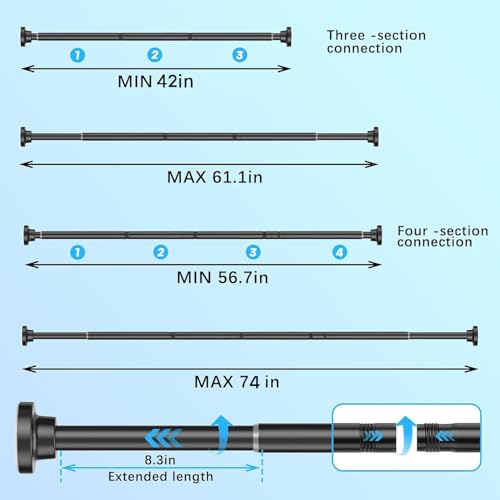 AIZESI Shower Rod Adjustable 4274 Inch Black Shower Curtain Rod 1 Diameter Tension Rod No Drilling AntiSlip Premium Stainless Steel AntiRust Shower Rods for Bathroom - Image 3