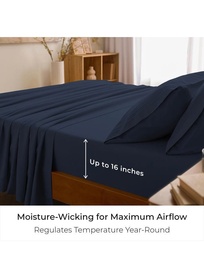 mellanni King Sheets Set - 4 PC Iconic Collection Bedding - Hotel Luxury, Extra Soft, Cooling Bed Sheets - Wrinkle, Fade, Stain Resistant (King, Navy Blue) - Image 4
