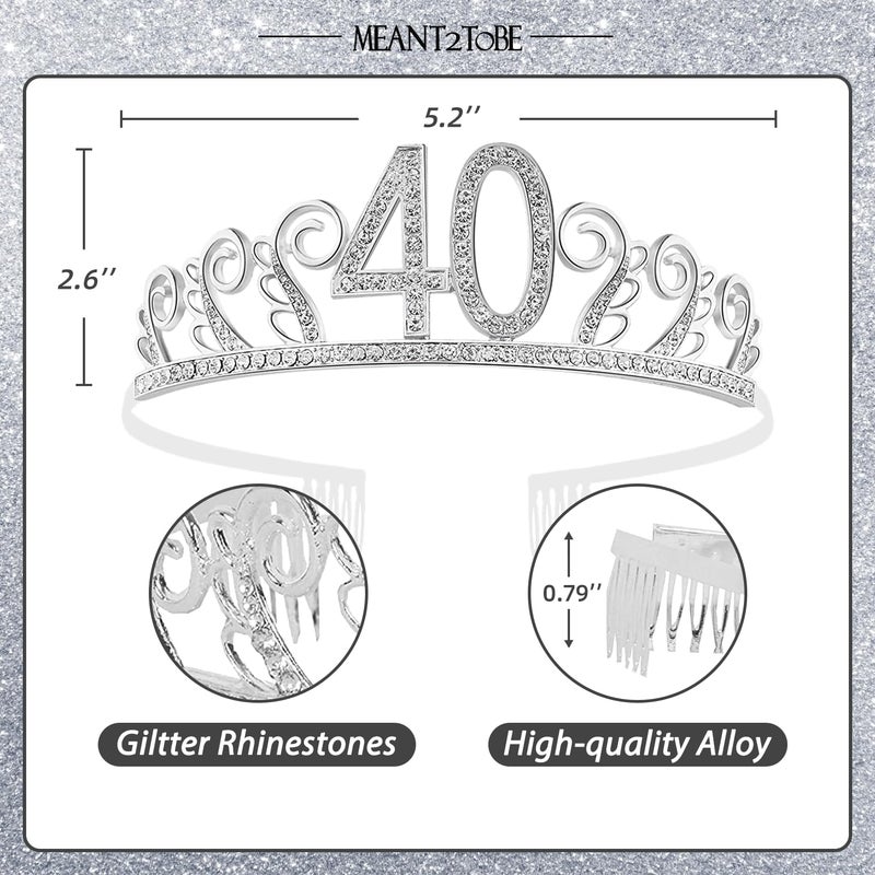 MEANT2TOBE 40th Birthday Sash and Tiara for Women - Fabulous Glitter Sash + Waves Rhinestone Silver Premium Metal Tiara for Her, 40th Birthday Gifts for 40 Party - Image 2