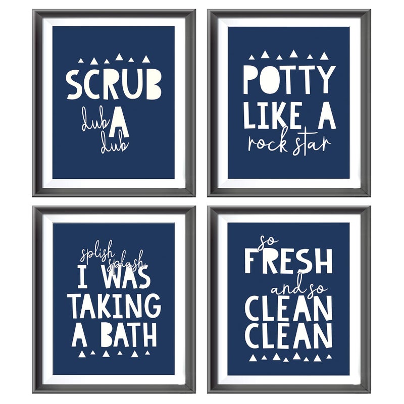 AEHIE So Fresh and Clean Colorful Bathroom Art Poster Prints for Home Kid Washroom Restroom Nursery Toilet Laundry Decor  Funny Bathroom Rules Word Decorations Prints Wall Unframed 4pcs 8x10in(Navy Blue) - Image 1
