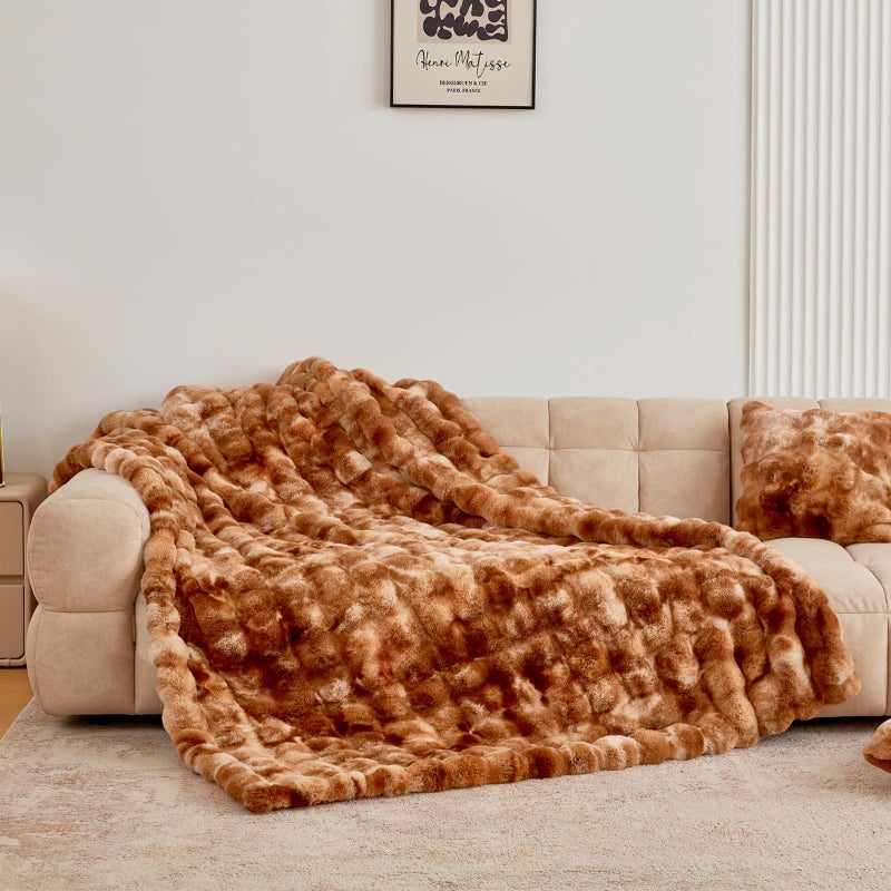 BENVWE Faux Fur Throw Blanket Soft Plush Fluffy Blanket for Couch Sofa  Thickened Cozy Fuzzy Luxury Bubble Blanket for Bedroom Living Room Decor Tie-dye Caramel 50"" x 60"" 1100GSM - Image 1
