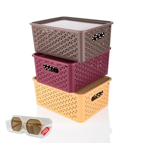 RUSHIL WERE Multipurpose Solitaire Storage Basket with Lid | Free 1 Wall Eyeglasses Holder | Strong Plastic Material & Side Grip | Size Small 25 x 19 x 10.5 | Multipurpose | Pack of 3 | Multicolor - Image 1