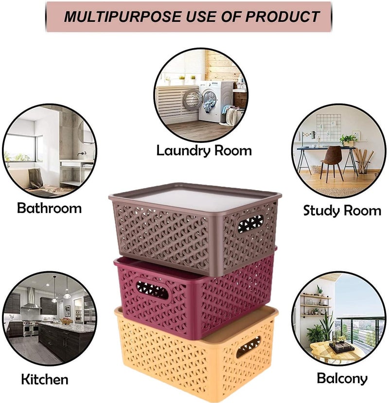 RUSHIL WERE Multipurpose Solitaire Storage Basket with Lid | Free 1 Wall Eyeglasses Holder | Strong Plastic Material & Side Grip | Size Small 25 x 19 x 10.5 | Multipurpose | Pack of 3 | Multicolor - Image 4