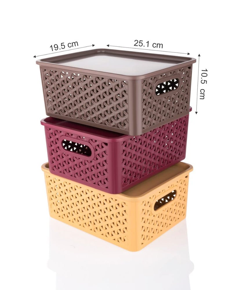 RUSHIL WERE Multipurpose Solitaire Storage Basket with Lid | Free 1 Wall Eyeglasses Holder | Strong Plastic Material & Side Grip | Size Small 25 x 19 x 10.5 | Multipurpose | Pack of 3 | Multicolor - Image 2