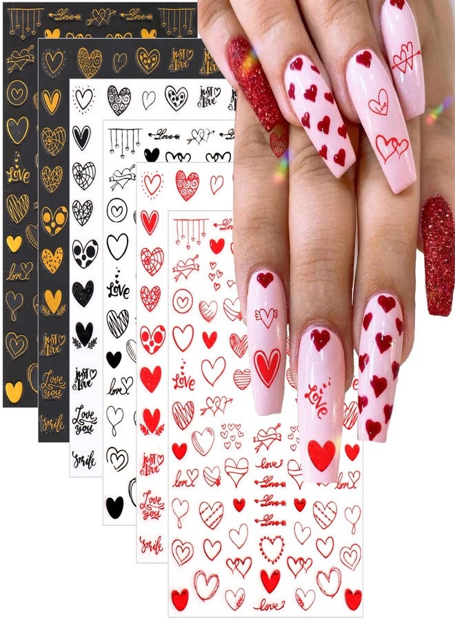 winthrop 9 Sheets Heart Nail Stickers, 3D Valentine's Day Black Red Golden Laser Design Self-Adhesive Nail Art Decals, DIY Manicure Decoration Supplies Accessories for Women Girls - Image 1